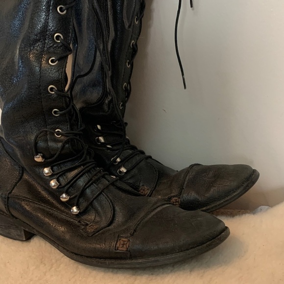 Charles David Knee High Tall Black Leather Lace-Up Boots 7 - Picture 6 of 13